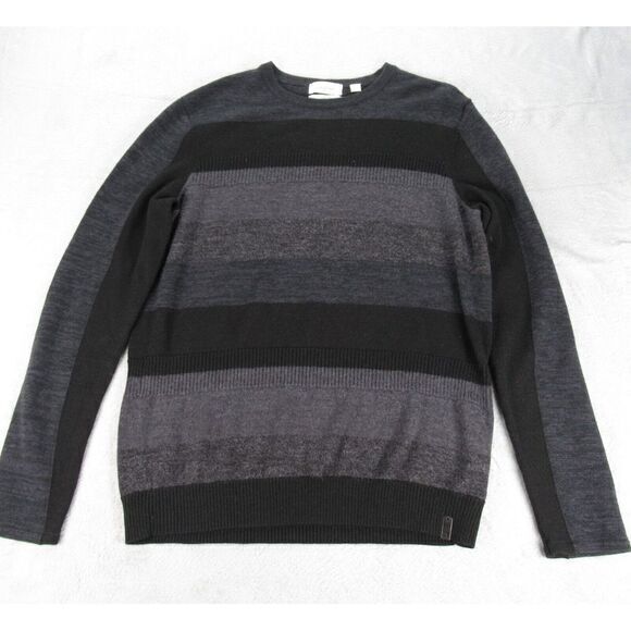 Calvin Klein Sweater Mens Small Gray‎ Striped Merino Wool Blended Italian Yarn - Picture 1 of 11
